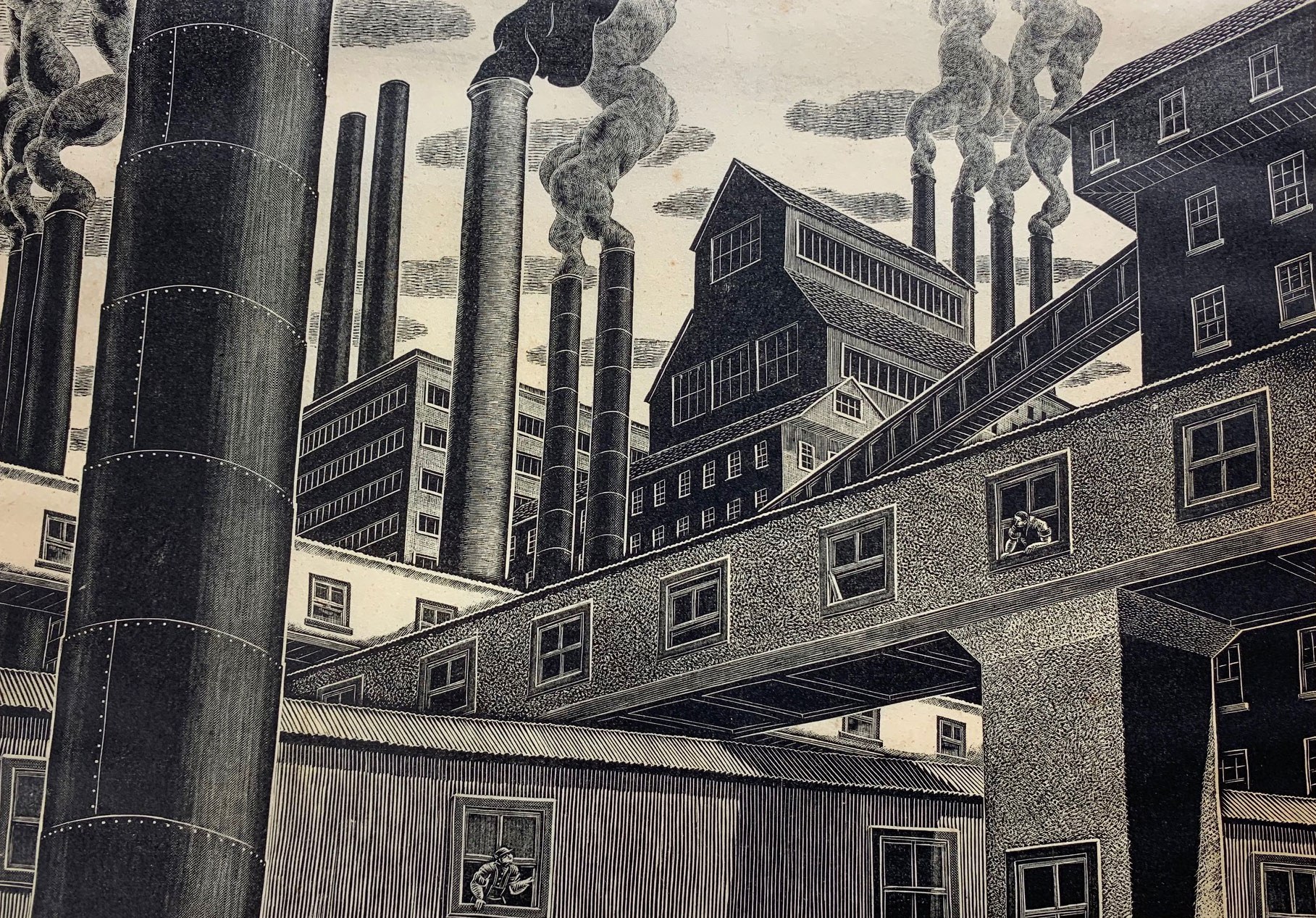 Salvatore Pinto, American, b. Italy, 1905–1966. Mills, ca. 1937. Wood engraving on paper, 7 x 10 in. Museum purchase with funds from the Collection Endowment, 2019.221.