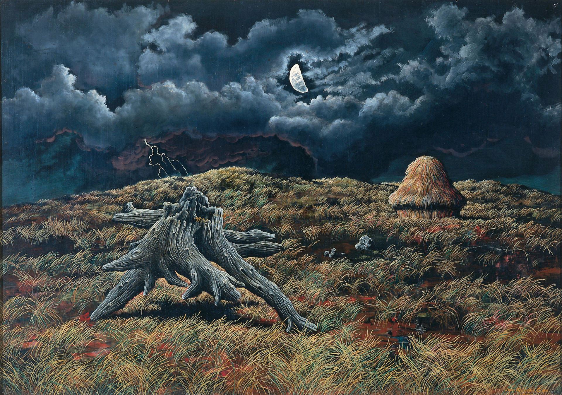 John Rogers Cox, American, 1915–1990. Nocturne - Silver and Grey, 1952. Oil and tempera on Masonite, 17 x 23 ⅞ x 15/16 in. Gift of Pat Glascock and Michael D. Hall in memory of all American Regional artists, Inlander Collection, 2003.22